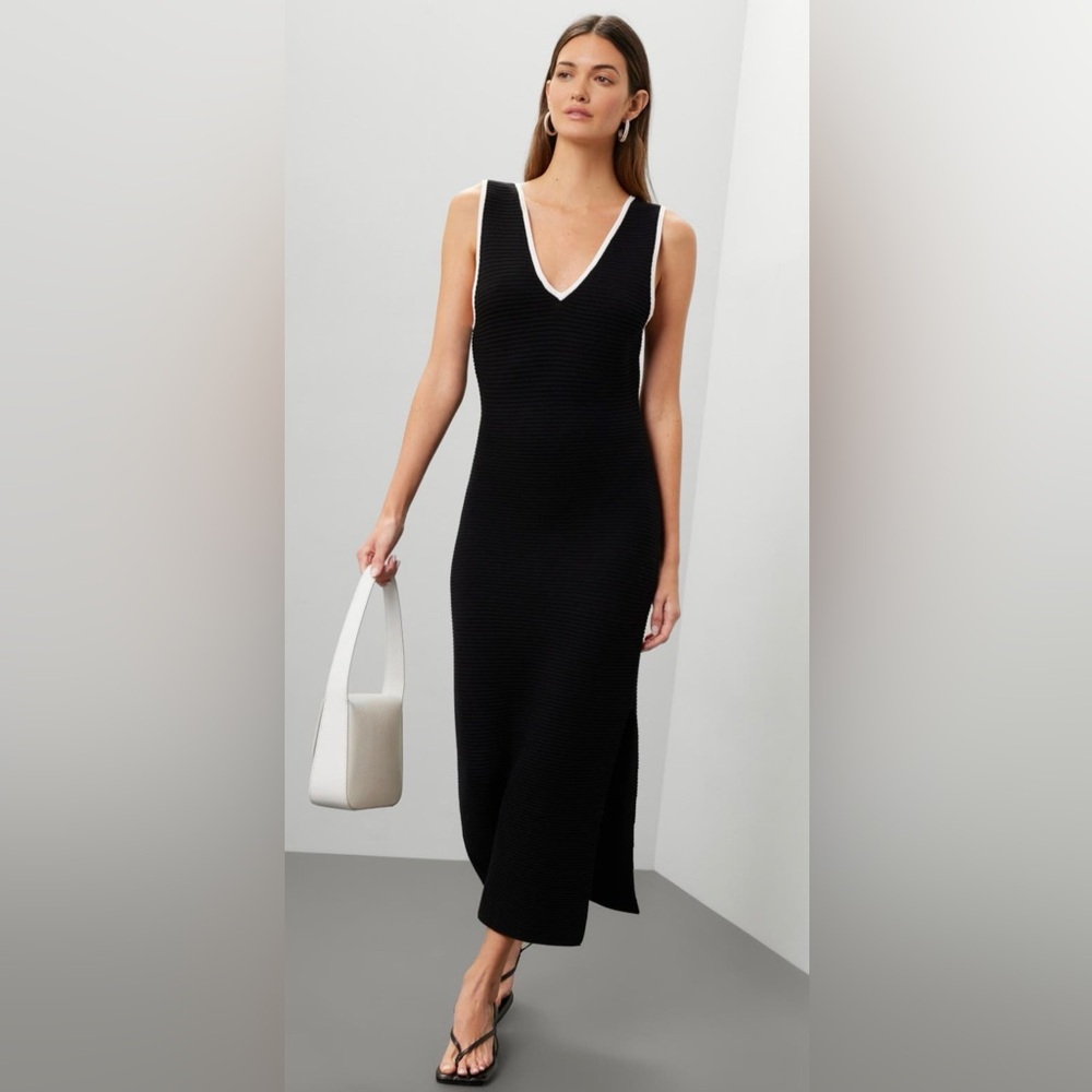 TOCCIN x RTR Black Ribbed Midi Dress White Trim Size Large
